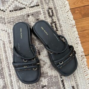 Free People Midas Touch Flatform Black and Gold Sandals - Size 7